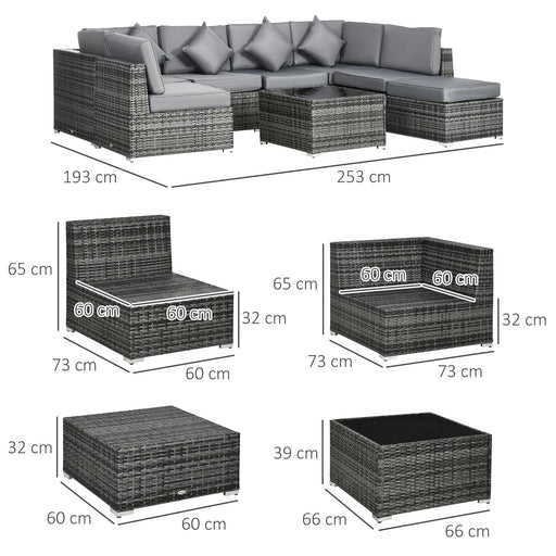 Outsunny 8 Pieces PE Rattan Corner Sofa Set, Outdoor Garden Furniture Set, Patio Wicker Sofa Seater w/ Cushion, Washable Cushion Cover & Tempered Glass Table, Grey