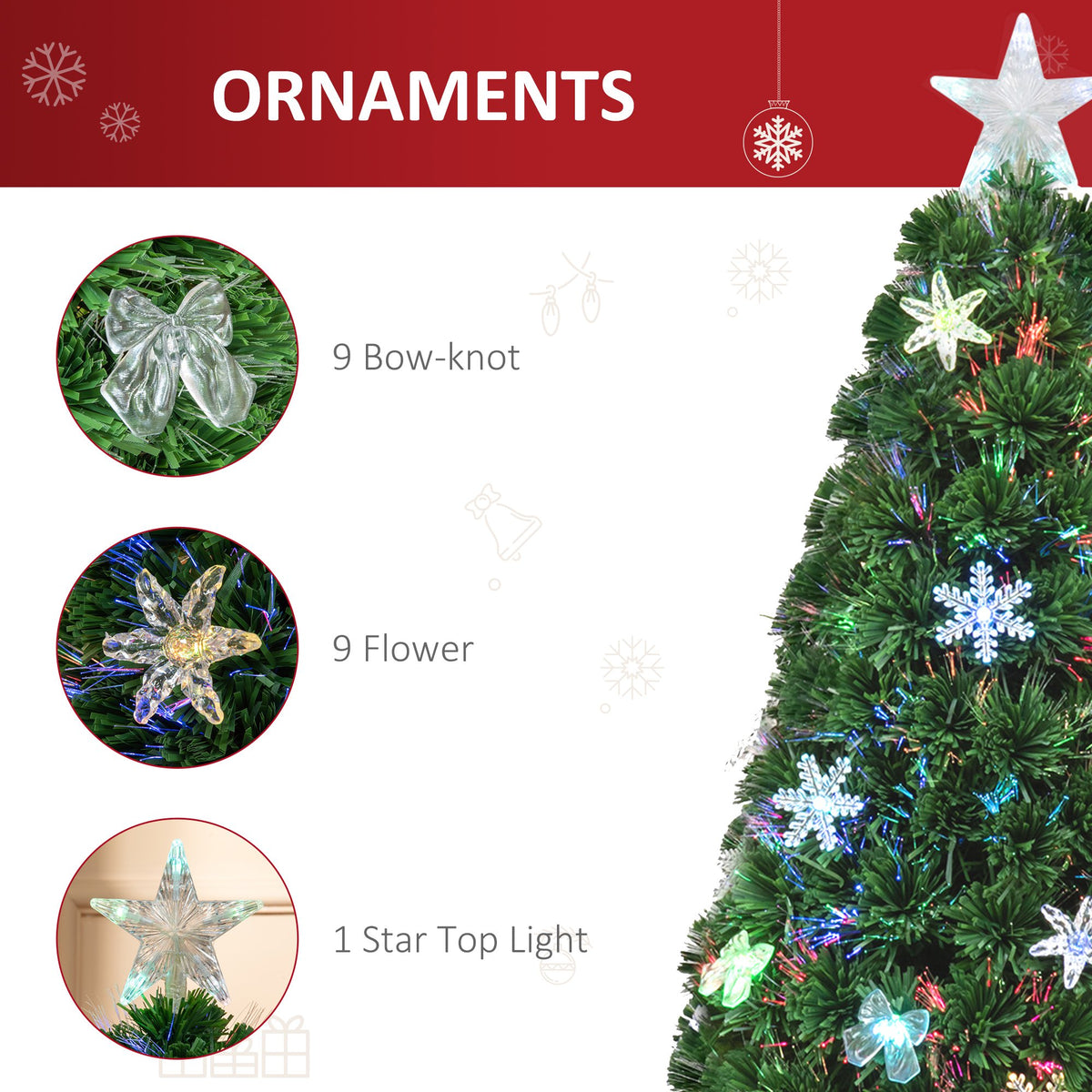 4ft Pre-Lit Fibre Optic Christmas Tree with Multicolour LEDs, Bows & Star