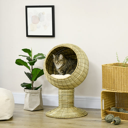 Raised Cat House, Natural Mat Grass Cat Bed, Kitten Cave with Cushion, Detachable Top, Yellow, âÃ­Â¬â41x 69 cm