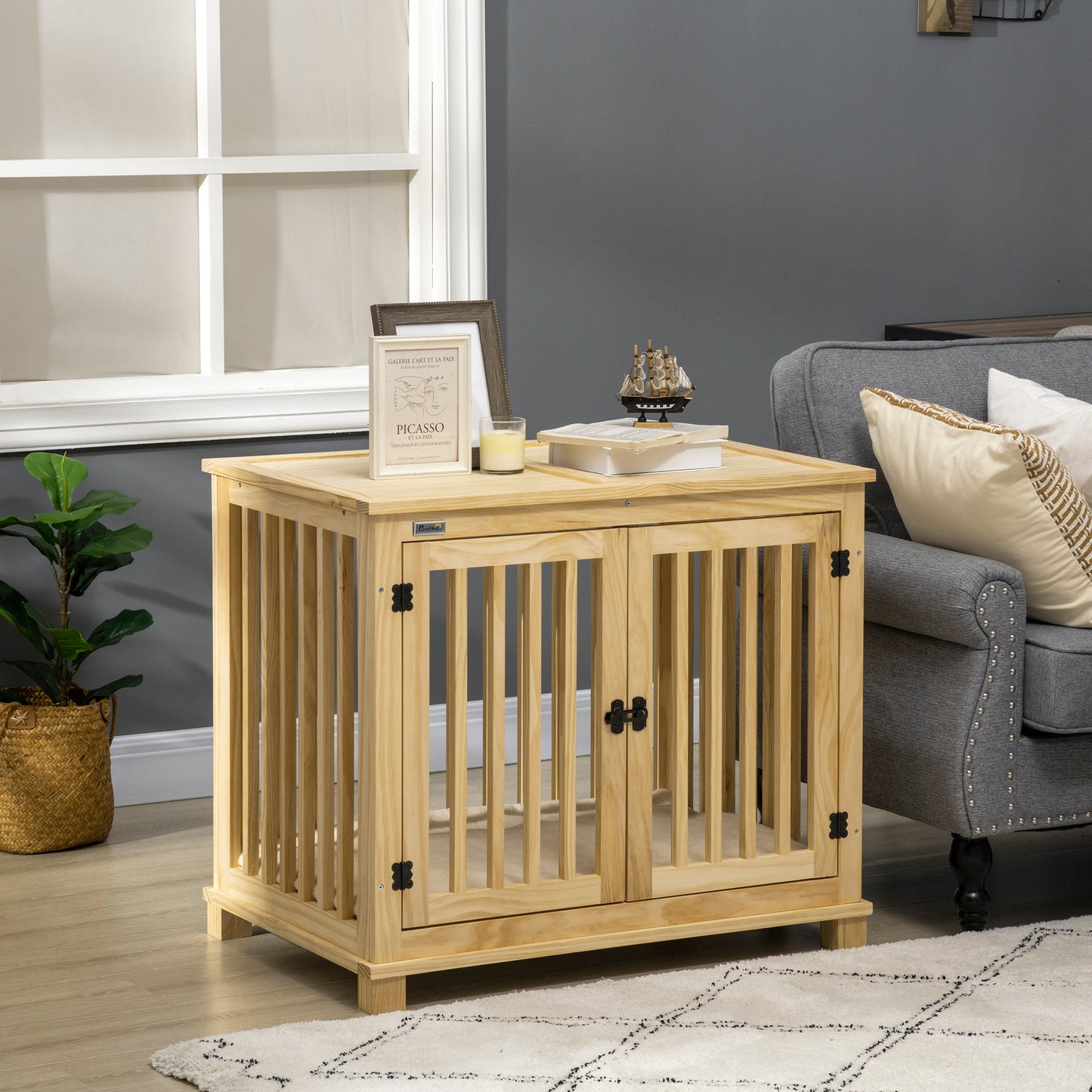Wooden Dog Crate End Table w/ Double Doors, Furniture Style Dog Crate for Medium Dogs, Indoor Use w/ Soft Washable Cushion