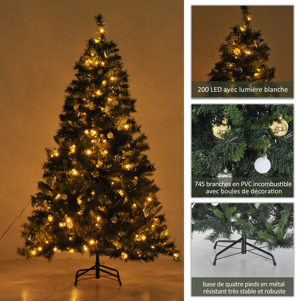 6ft Pre-Lit Artificial Christmas Tree with 200 Warm White LEDs & Baubles