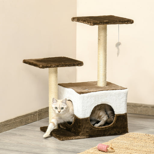 Cat Tree Tower for Indoor Cats Kitten House Scratching Posts with Condo Perch Interactive Mouse Toy, 45 x 33 x 70 cm, Brown