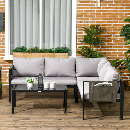 Outsunny 4 Piece Metal Garden Furniture Set with Tempered Glass Coffee Table, Breathable Mesh Pocket, Outdoor Conversational Corner Sofa Loveseat with Padded Cushions, Grey
