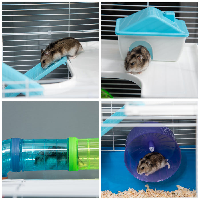 Hamster Cage with Tunnel Tube System, 5 Level Gerbil Haven with Water Bottle, Exercise Wheel, Food Dish, Ramps 59 cm x 36 cm x 69 cm - Blue