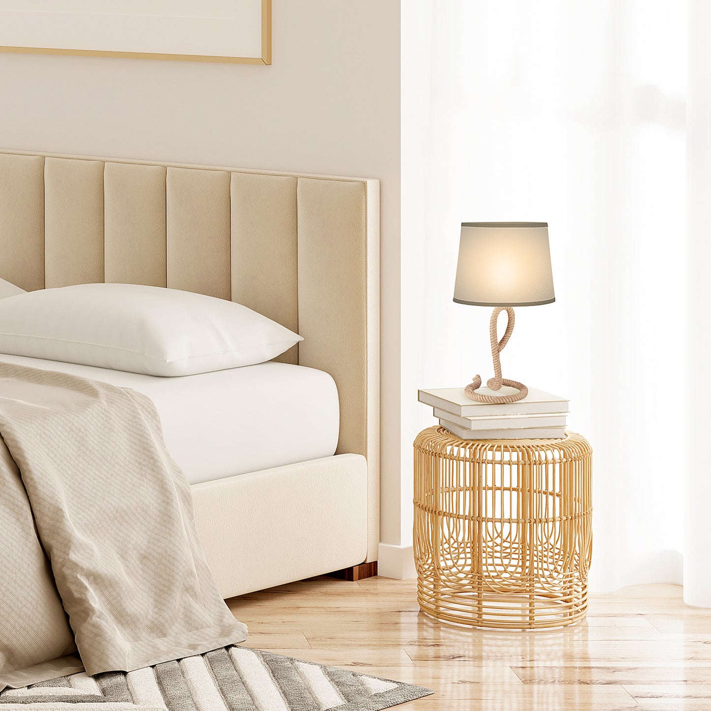 HOMCOM Nautical Table Lamp with Rope Base for E27 LED Halogen Bulb, Desk Fabric Light, Bedroom, Living room, Study