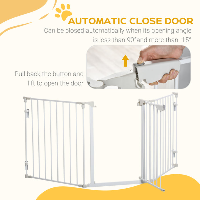 Pet Safety Gate 3-Panel Playpen Fireplace Christmas Tree Metal Fence Stair Barrier Room Divider with Walk Through Door Automatically Close Lock White