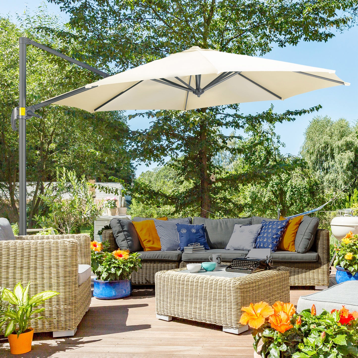 Outsunny 3 x 3(m) Cantilever Parasol with Cross Base, Garden Umbrella with 360¬∞ Rotation, Crank Handle and Tilt for Outdoor, Patio, Cream White