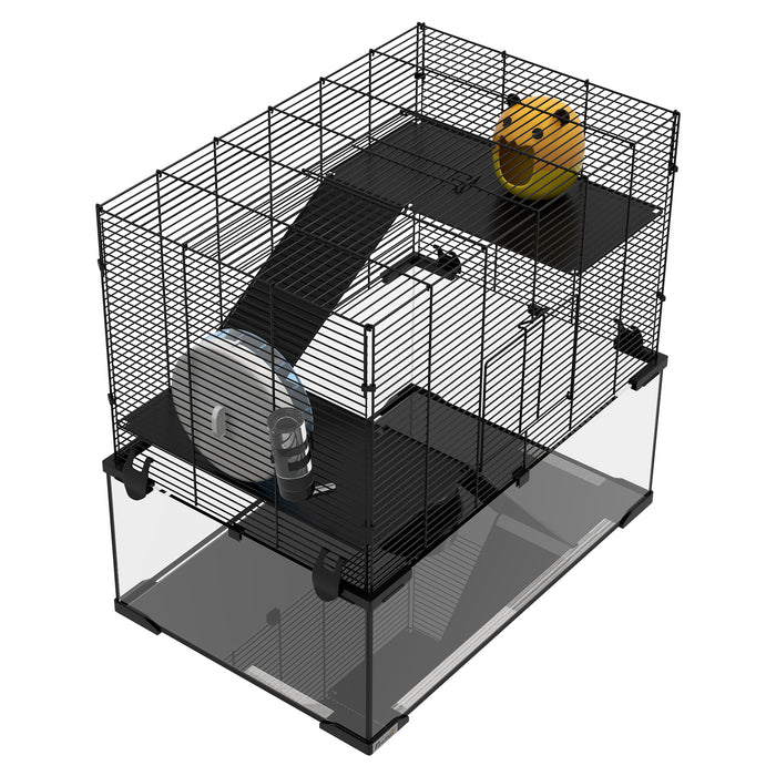 3 Tiers Hamster Cage, Gerbil Cage with Deep Glass Bottom, Non-Slip Ramps, Platforms, Hut, Exercise Wheels, Water Bottle, Dish, for Syrian Hamster, Dwarf Hamster, 60 x 40 x 57cm