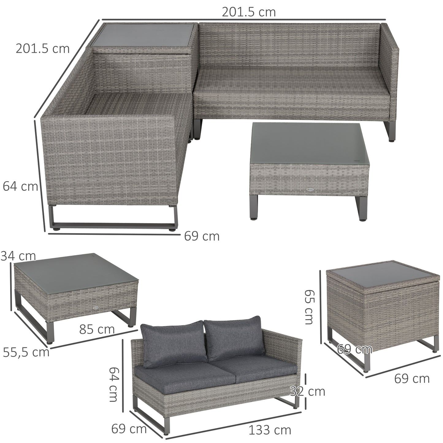 Outsunny 4 PCs PE Rattan Wicker Set Outdoor Conservatory Furniture Lawn Patio Coffee Table w/ Side Storage Box & Cushion, Grey