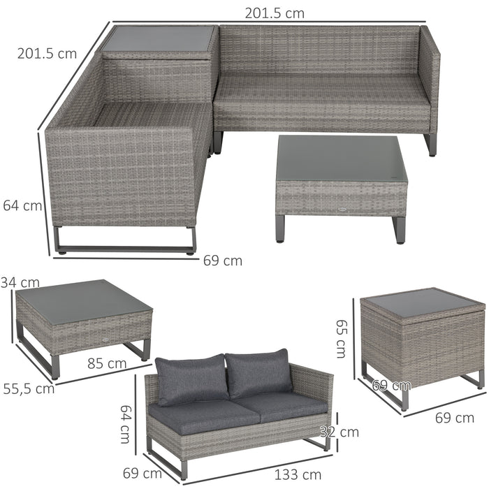 Outsunny 4 PCs PE Rattan Wicker Sofa Set Outdoor Conservatory Furniture Lawn Patio Coffee Table w/ Side Storage Box & Cushion, Grey