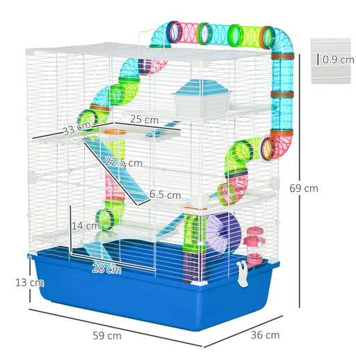 Hamster Cage with Tunnel Tube System, 5 Level Gerbil Haven with Water Bottle, Exercise Wheel, Food Dish, Ramps 59 cm x 36 cm x 69 cm - Blue