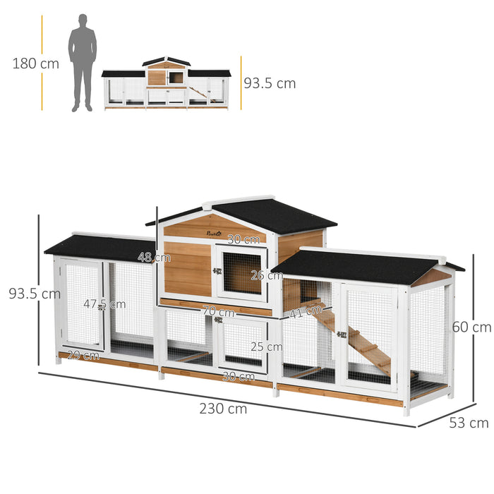 Rabbit Hutch Outdoor, 2-Tier Guinea Pig Hutch, Wooden Bunny Run, Small Animal House with Double Side Run Boxes, Slide-out Tray, Ramp, 230 x 53 x 93.5cm