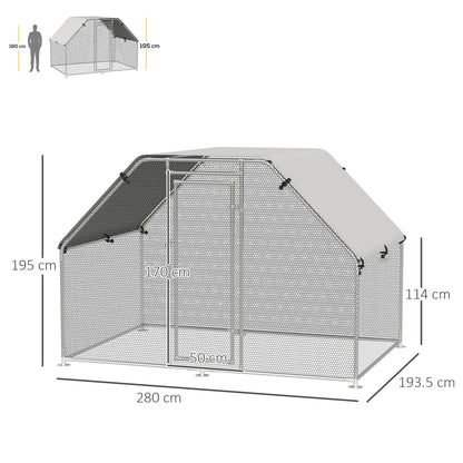 Walk In Chicken Run Galvanized Coop Hen House for 6-8 Chicken Poultry Cages Rabbit Hutch Outdoor Pet Playpen with Water-Resist Cover, 280W x 190D x 195H cm