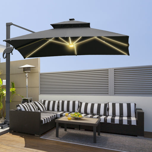 Outsunny 3 x 3(m) Cantilever Roma Parasol Garden Sun Umbrella, Two-tier 250g Polyester Sun Shade with LED Solar Light, Aluminum Frame, Cross Base 360Â¬Â¨âÃ Ã» Rotating for Backyard Dark Gray