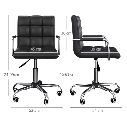 Black PU Leather Swivel Office Chair: Adjustable Height, Rolling Wheels, Armrests, Mid Back Comfort