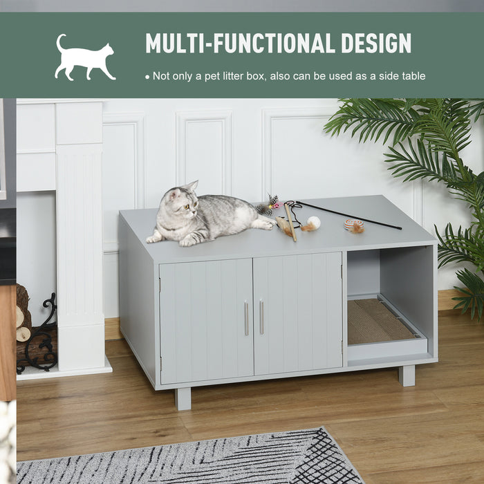 Wooden Cat Litter Box Enclosure & House with Nightstand/End Table Design, Scratcher, & Magnetic Doors, Grey