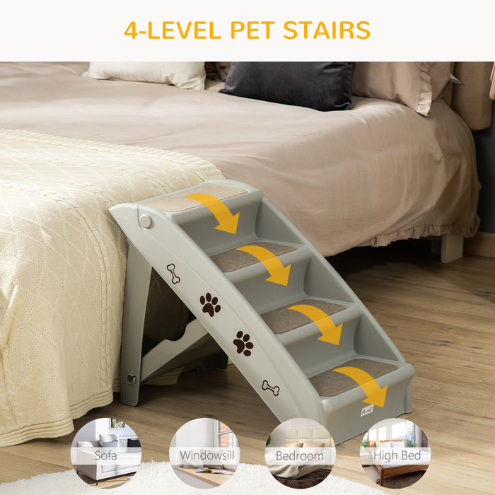 Foldable Pet Stairs Portable Dog Steps for Sofa, Bed, Four-Step Design for Cats, Small Dogs w/ Non-Slip Mats - Grey, 62 x 38 x 49.5cm