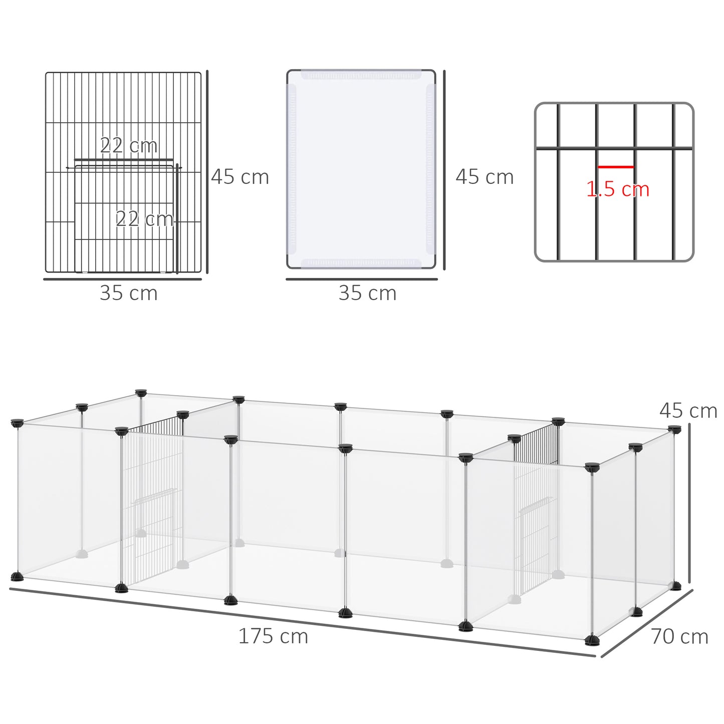 Pet Playpen, DIY Small Animal Cage, 18 Panels Portable Metal Fence, for Guinea Pigs, Hedgehogs, 175 x 70 x 45cm - White