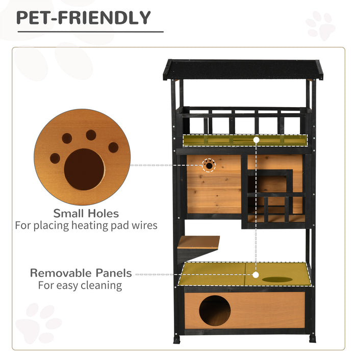 Wooden Outdoor Cat House 3-Tier for Winter Kitten Shelter Lodge w/ Tilted Roof Terrace Jump Step Bottom Tray Elevated Base Waterproof