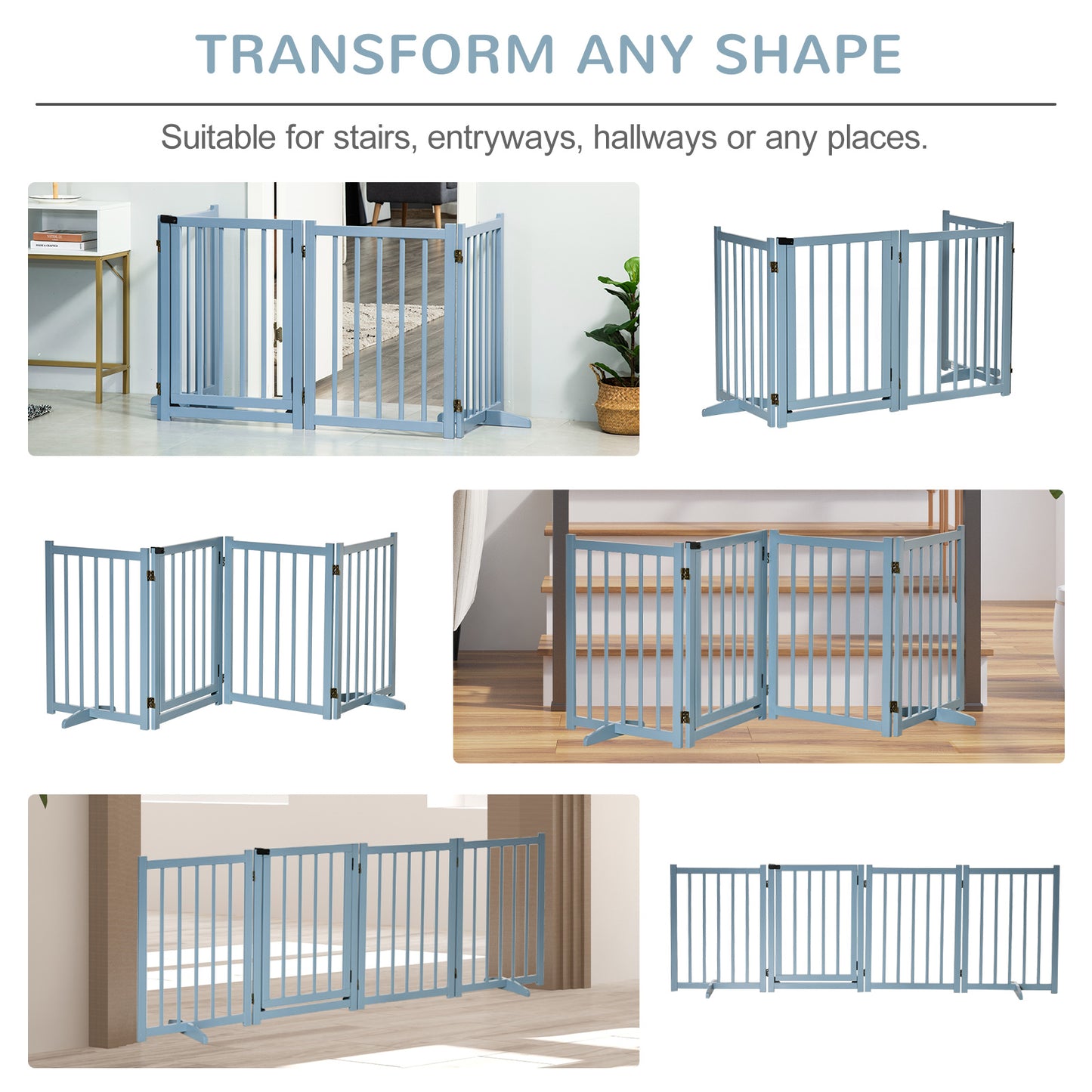 Freestanding Pet Gate for Small and Medium Dogs, Wooden Foldable Dog Safety Barrier with 4 Panels, 2 Support Feet, 80 cm Tall for Doorways, Stairs Blue-grey