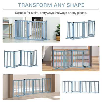Freestanding Pet Gate for Small and Medium Dogs, Wooden Foldable Dog Safety Barrier with 4 Panels, 2 Support Feet, 80 cm Tall for Doorways, Stairs Blue-grey