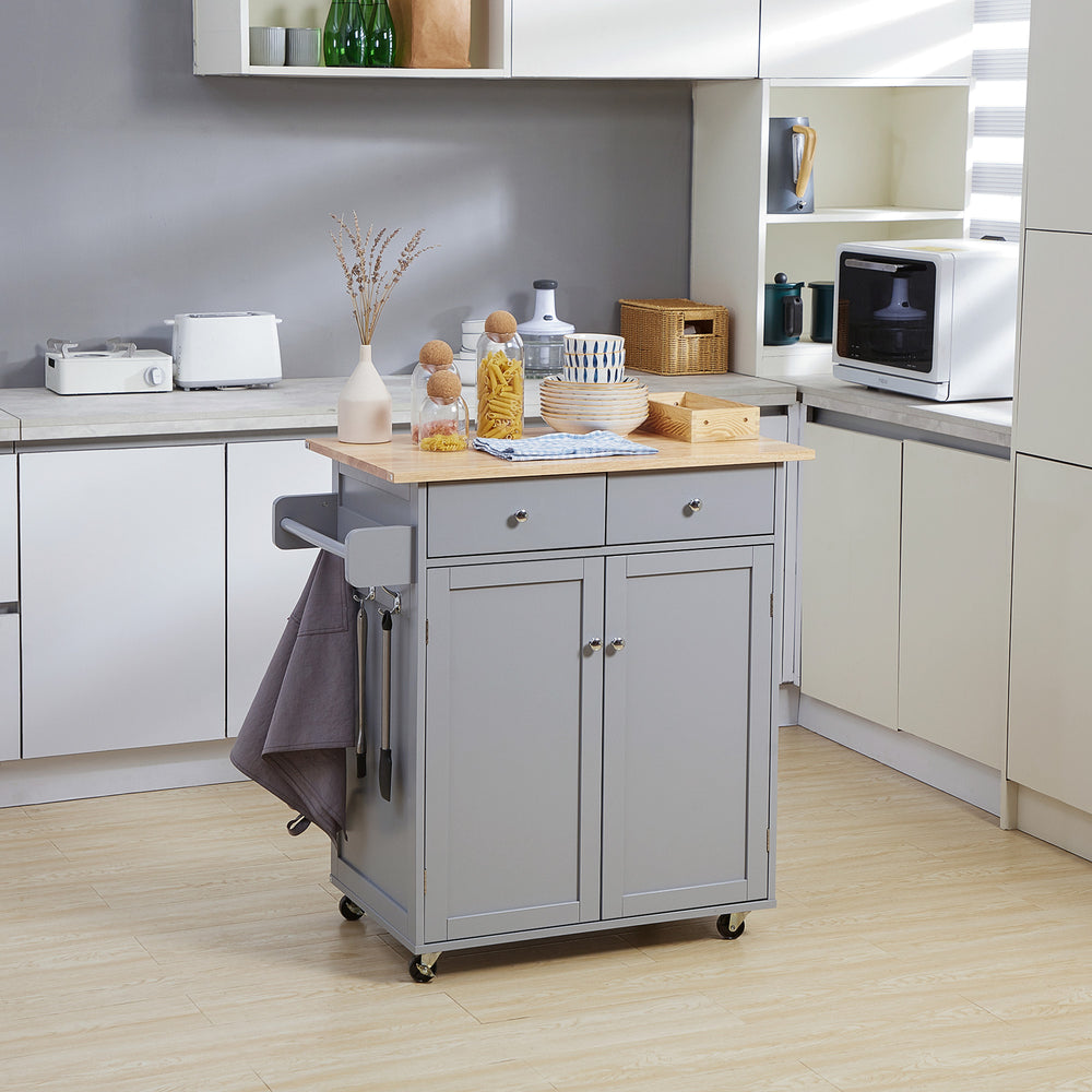 HOMCOM Rolling Kitchen Island on Wheels, Utility Serving Cart with Rubber Wood Top, Towel Rack, Hooks and Storage Drawers, Grey