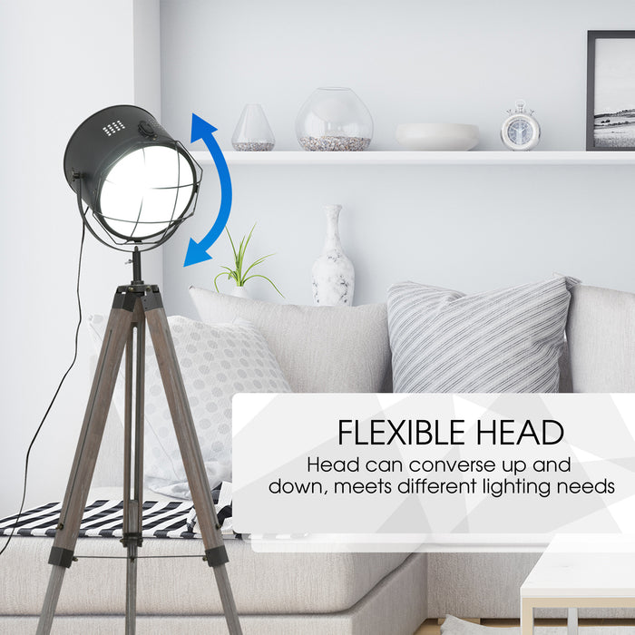 Industrial Style Tripod Floor Lamp for Living Room Bedroom, Vintage Spotlight Reading Lamp with Wooden Legs E27 Base