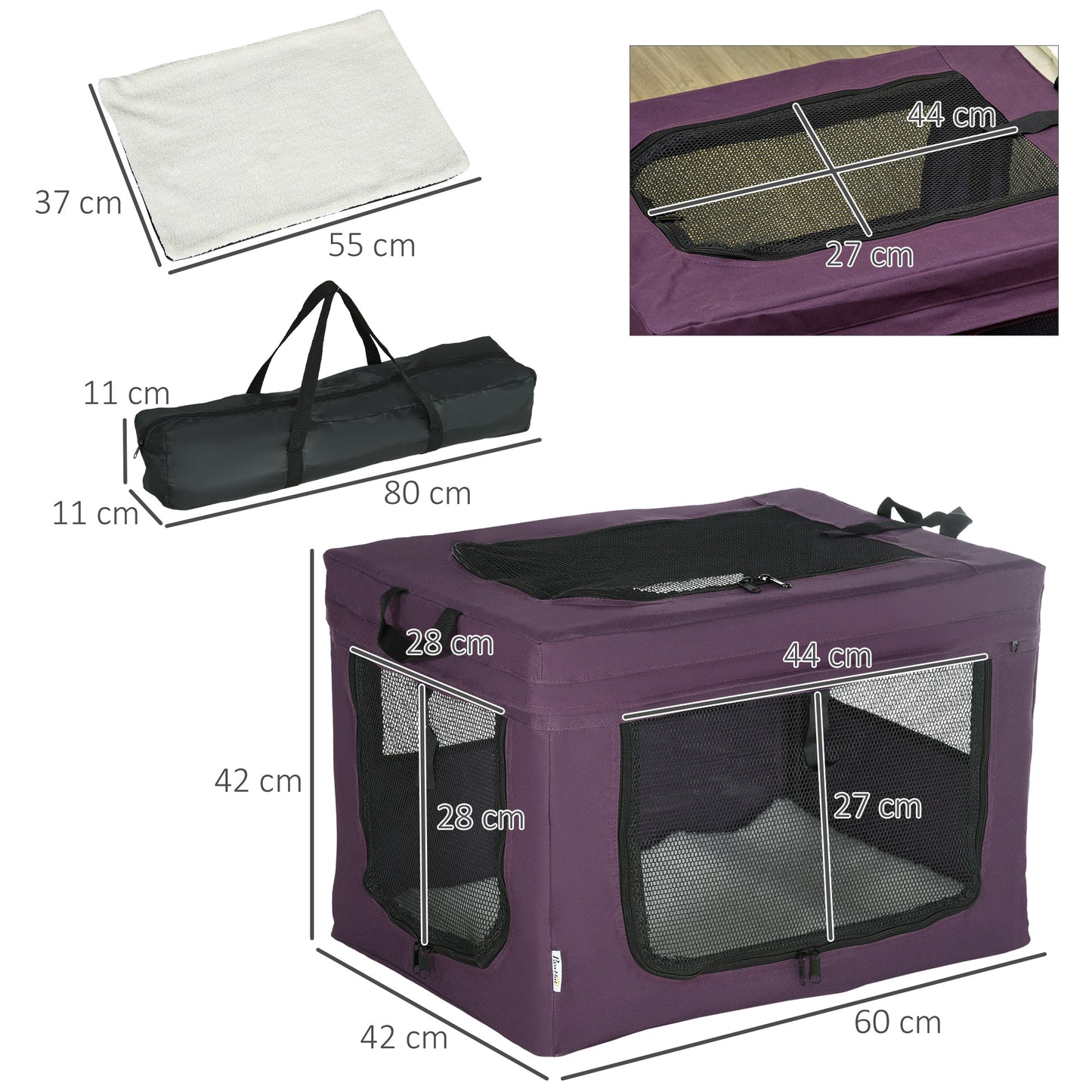 60cm Pet Carrier, Cat Carrier Cat Bag, Pet Travel Bag w/ Cushion, Carry Bag, for Cats and Miniature Dogs - Purple