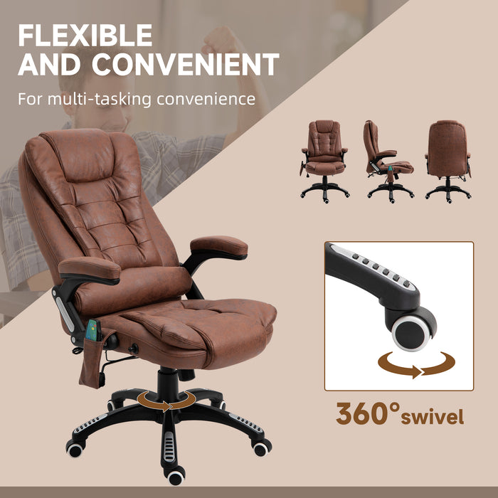 Massage Recliner Chair Heated Office Chair with Six Massage Points Microfiber Cloth 360° Swivel Wheels Brown