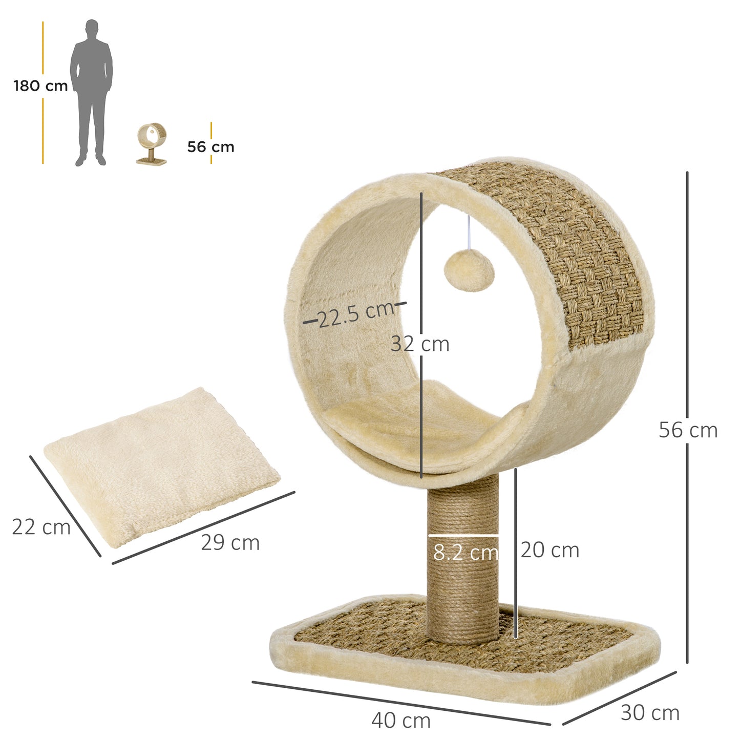 56cm Small Cat Tree for Indoor Cats with Scratching Post, Kitten Tower with Tunnel, Toy Ball, Cushion - Beige