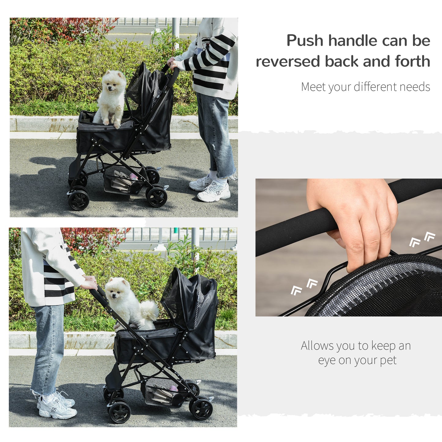 Pet Stroller Dog Cat Travel Pushchair Foldable Jogger with Reversible Handle EVA Wheel Brake Basket Adjustable Canopy Safety Leash for Small Dogs, Black