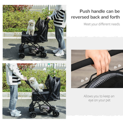 Pet Stroller Dog Cat Travel Pushchair Foldable Jogger with Reversible Handle EVA Wheel Brake Basket Adjustable Canopy Safety Leash for Small Dogs, Black