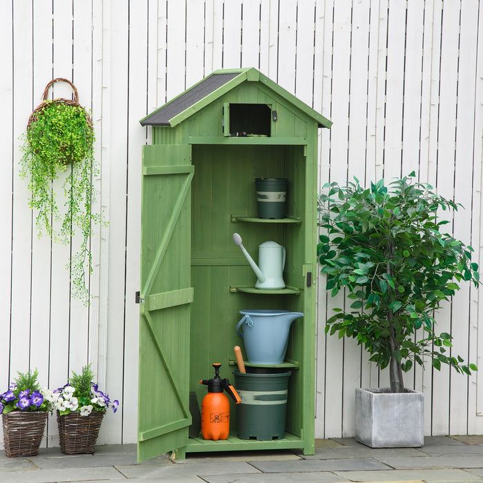 Outsunny Garden Shed Vertical Utility 3 Shelves Shed Wood Outdoor Garden Tool Storage Unit Storage Cabinet, 77 x 54.2 x 179cm - Dark Green