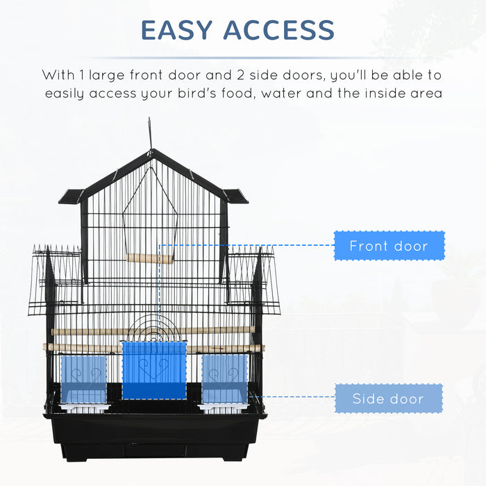 Metal Bird Cage with Plastic Swing Perch Food Container Tray Handle for Finch Canary Budgie 50.5 x 40 x 63cm Black