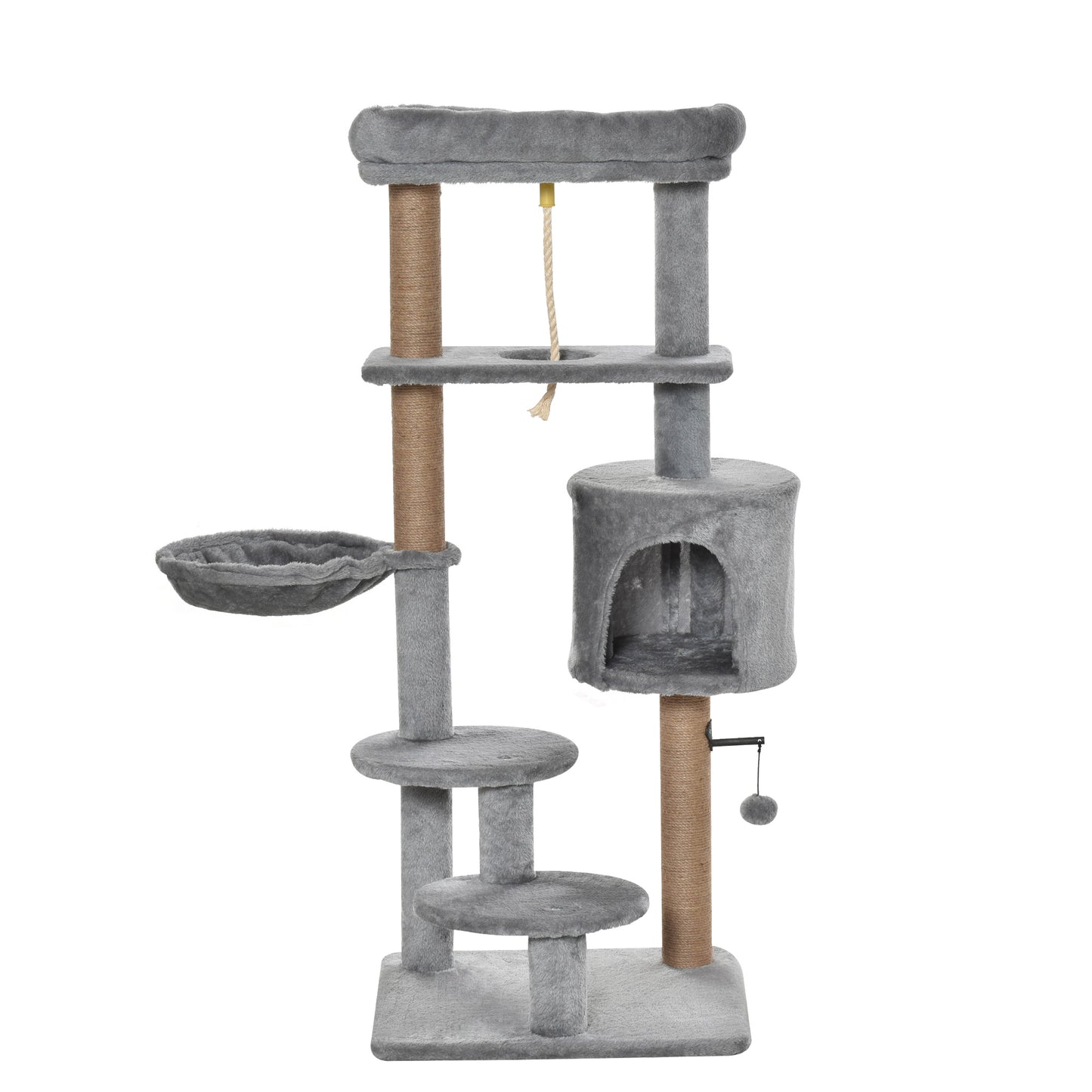 Cat Tree Tower for Indoor Cats 120cm Climbing Kitten Activity Center with Jute Scratching Post Perch Hanging Ball Hammock Teasing Rope Condo Toy Light Grey