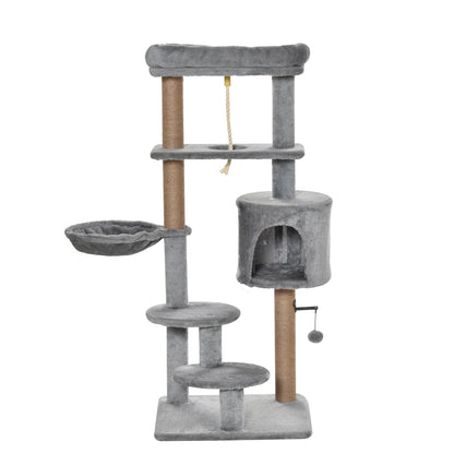 Cat Tree Tower for Indoor Cats 120cm Climbing Kitten Activity Center with Jute Scratching Post Perch Hanging Ball Hammock Teasing Rope Condo Toy Light Grey