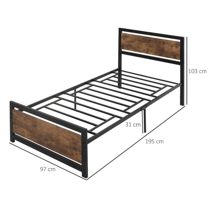 Single Metal Bed Frame with Headboard & Footboard, Strong Slat Support Solid Bedstead Base w/ Underbed Storage Space, No Box Spring Needed