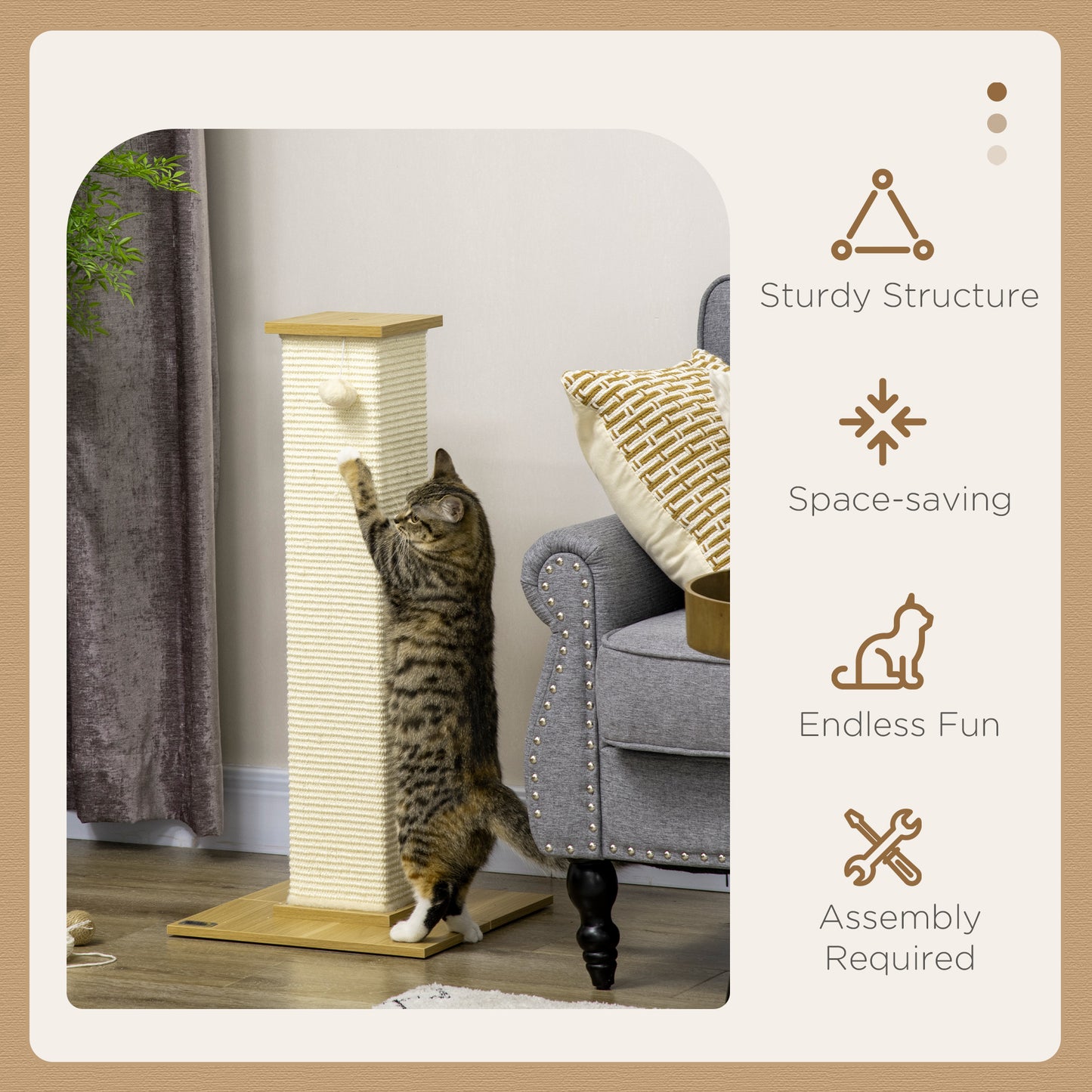 80cm Indoor Cat Scratching Post with Hanging Ball Toy, Particle Board Base, Natural Sisal Rope, Cat Furniture - White