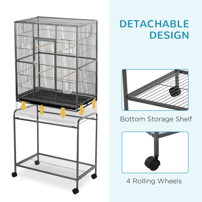 Bird Cage Metal Canary Cages for Parakeet with Detachable Rolling Stand, Storage Shelf, Wood Perch, Food Container