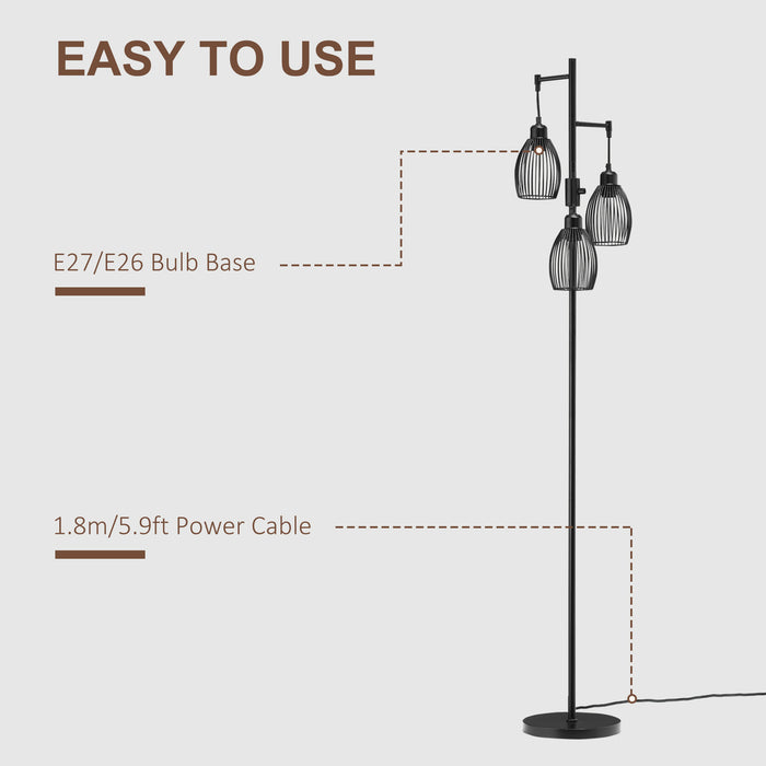 Industrial 3-Light Floor Lamp, Dimmable Standing Lamp with Metal lampshades for Living Room, Bedroom, Dinging Room, Study, Black