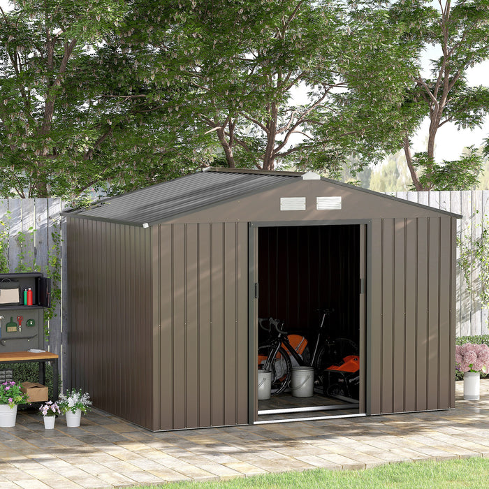 Outsunny 9 x 6FT Garden Metal Storage Shed Outdoor Storage Shed with Foundation Ventilation & Doors, Brown