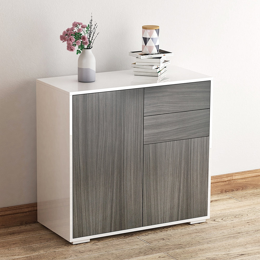 Modern Stylish Freestanding Push-Open Design Cabinet with 2 Drawer, 2 Door Cabinet, 2 Part Inner Space Light Grey and White