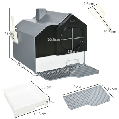 Hooded Cat Litter Tray with Scoop, Cat Litter Box with Drawer Pan, Handle, Deodorants, Hut Design, Front Entrance, 47 x 45 x 42cm - Grey