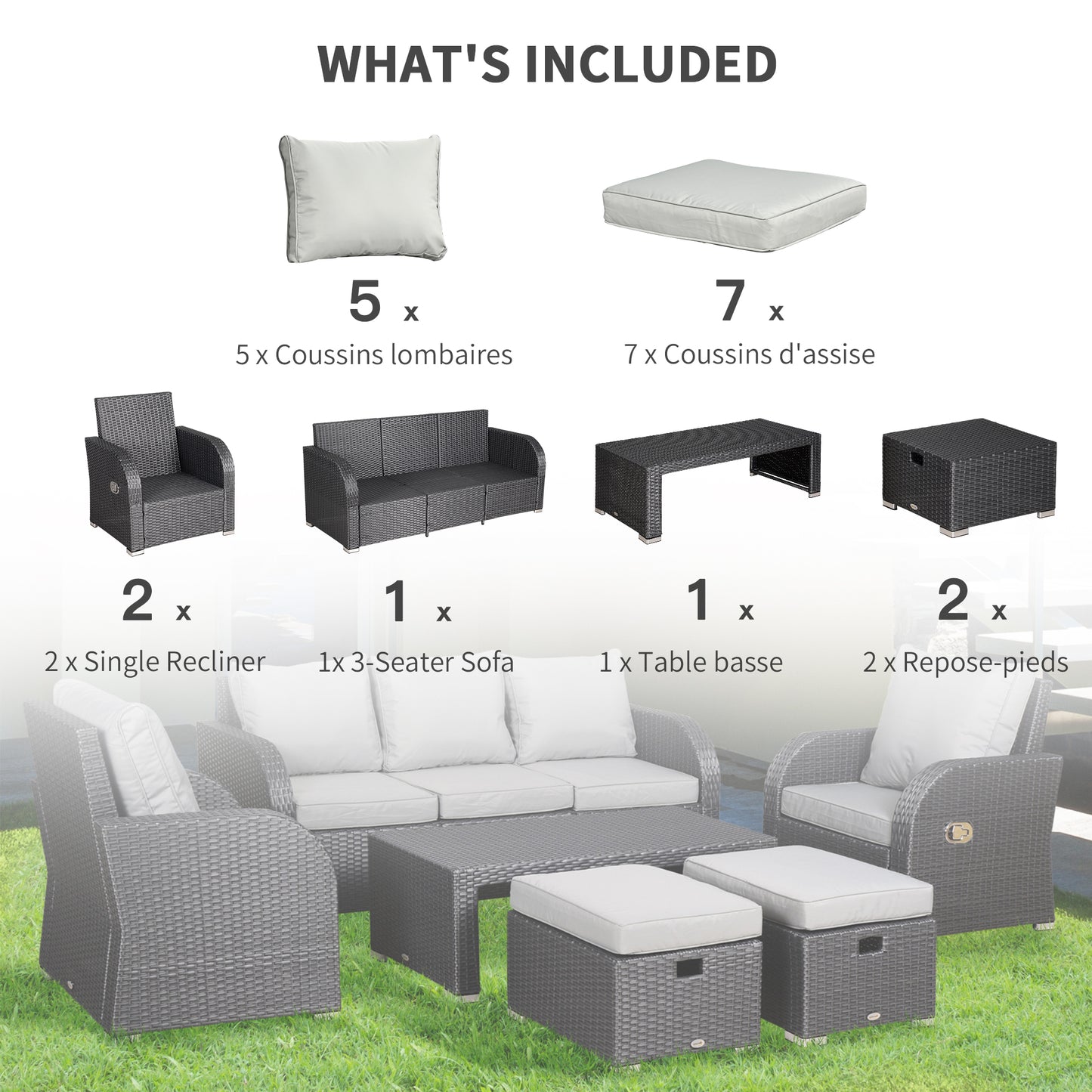 7 Seater Sofa & Coffee Table Footstool Set Outdoor Patio Wicker Weave Reclining Chair Space-saving - Light Grey