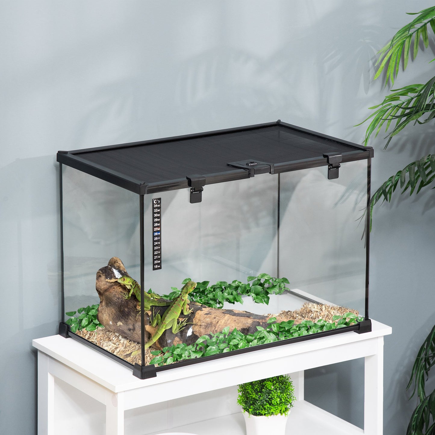 Glass Reptile Terrarium Insect Breeding Tank Vivarium Habitats with Thermometer for Lizards, Horned Frogs, Snakes, Spiders - Large 50 x 30 x 35cm