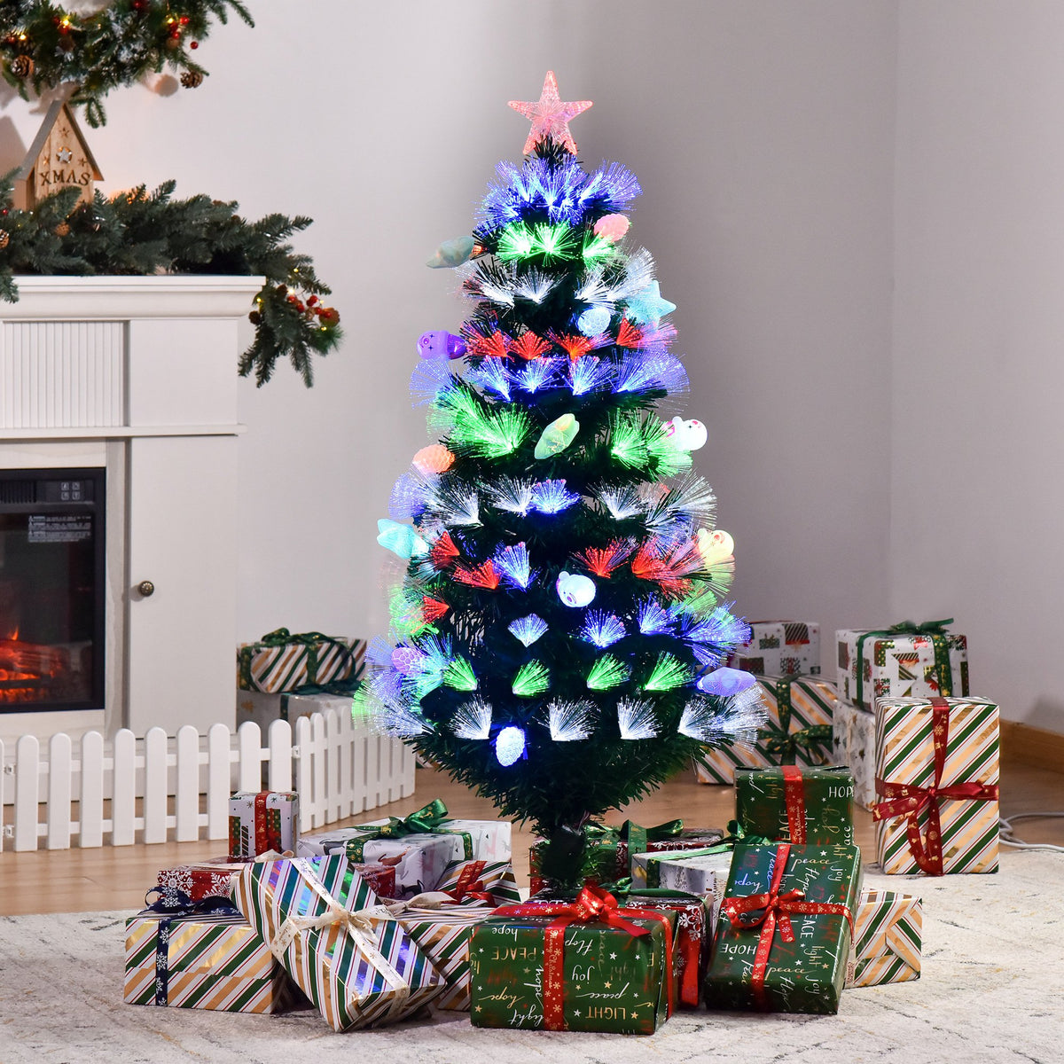 5ft Pre-Lit Fibre Optic Christmas Tree with 170 Multicolour LEDs & Baubles