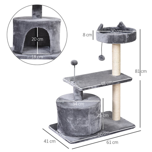 Mult Level Cat Tree for Indoor Cats with Scratching Post Bed Condo Perch, Kitten Climbing Tower, Grey 60L x 40W x 81H cm