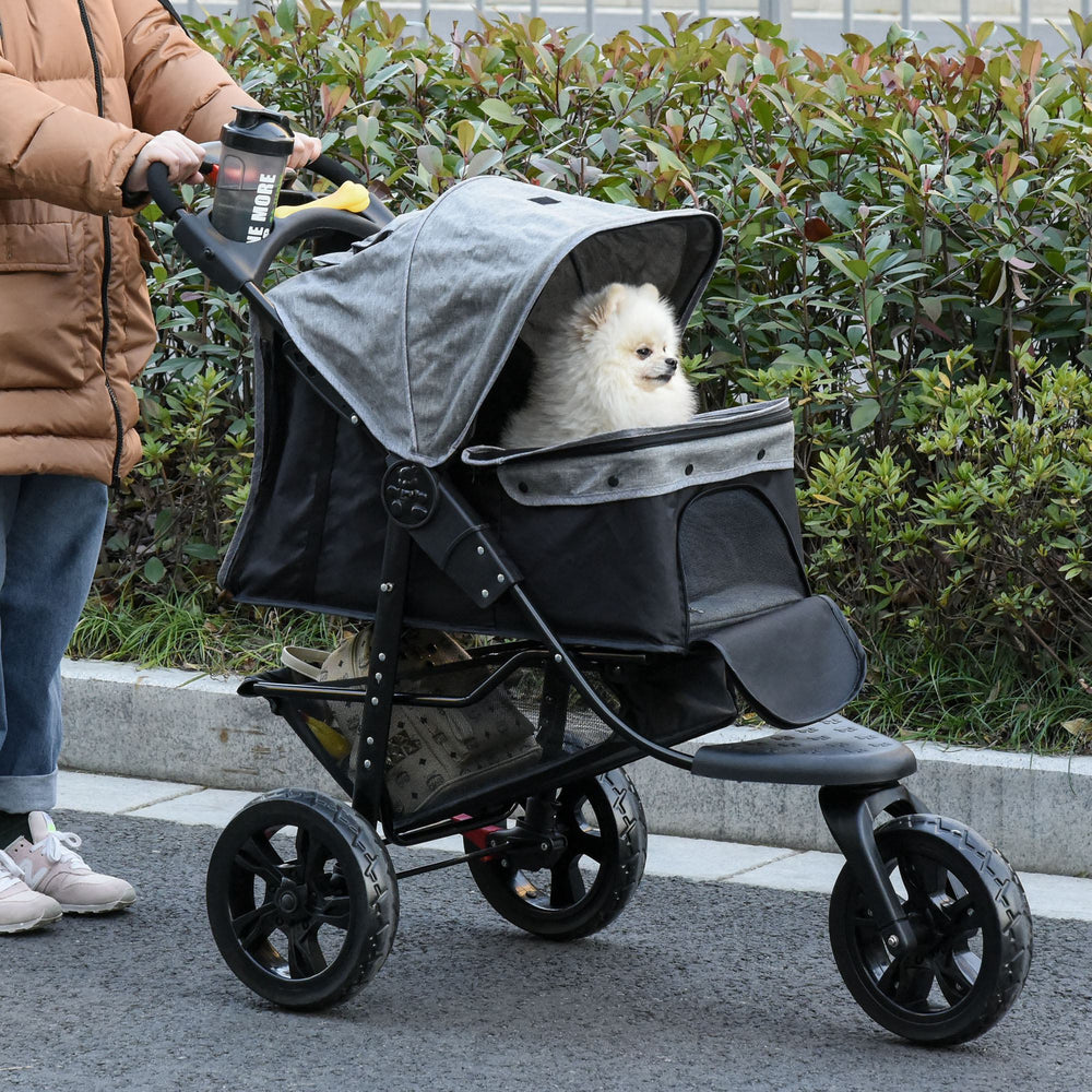 Folding Pet Stroller 3 Wheel Dog Jogger Travel Carrier Adjustable Canopy Storage Brake Mesh Window for Small Miniature Dog Cat Grey