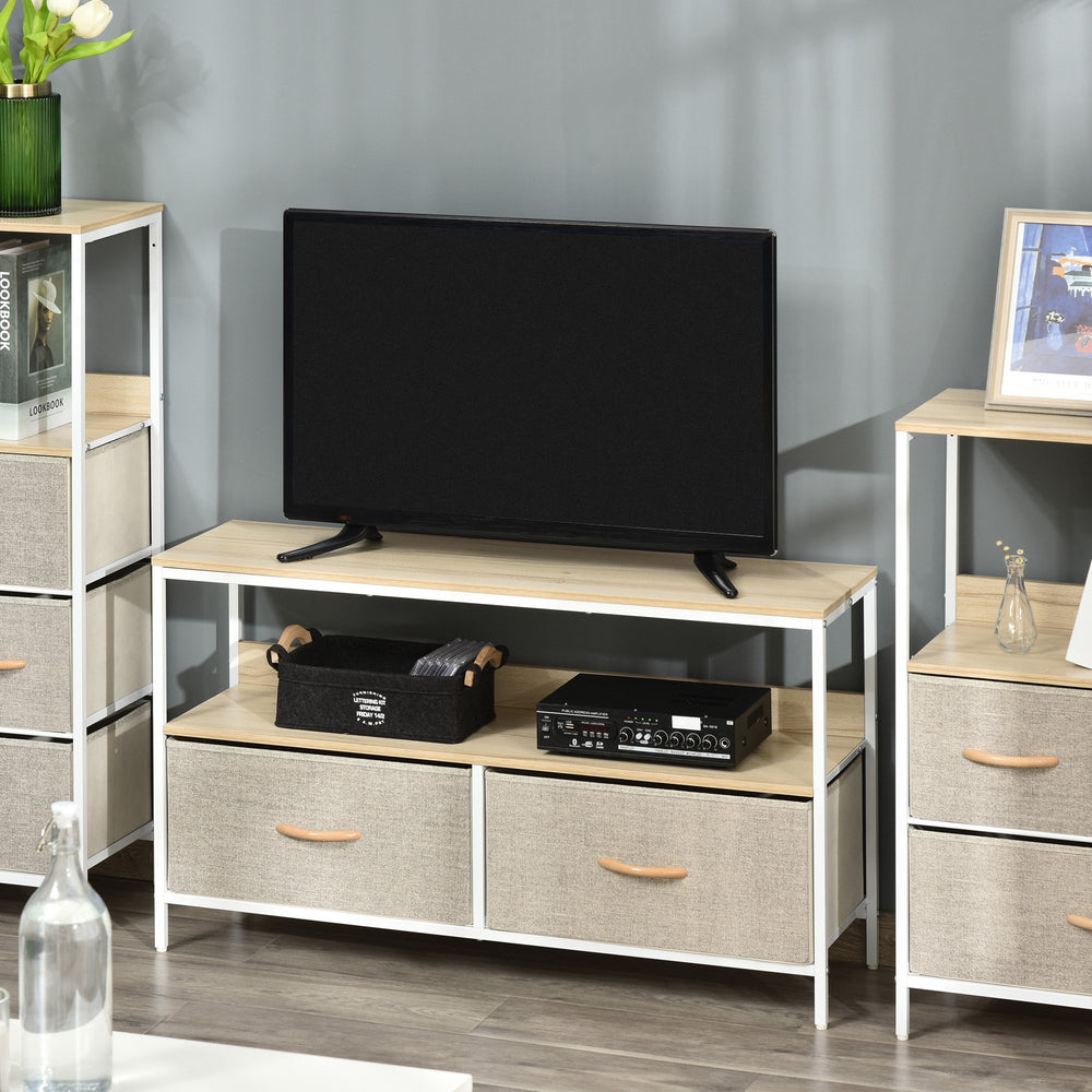 TV Cabinet, TV Console Unit with 2 Foldable Linen Drawers, TV Stand with Shelving for Living Room, Entertainment Room, Maple Wood Effect