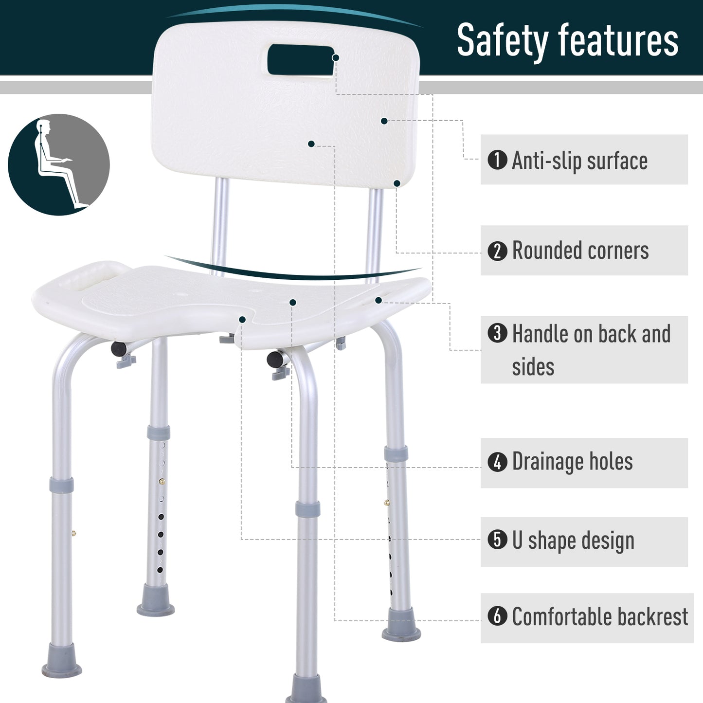 8-Level Height Adjustable Bath Stool Spa Shower Chair Aluminum w/ Non-Slip Feet and Handle, Load Capacity 136kg